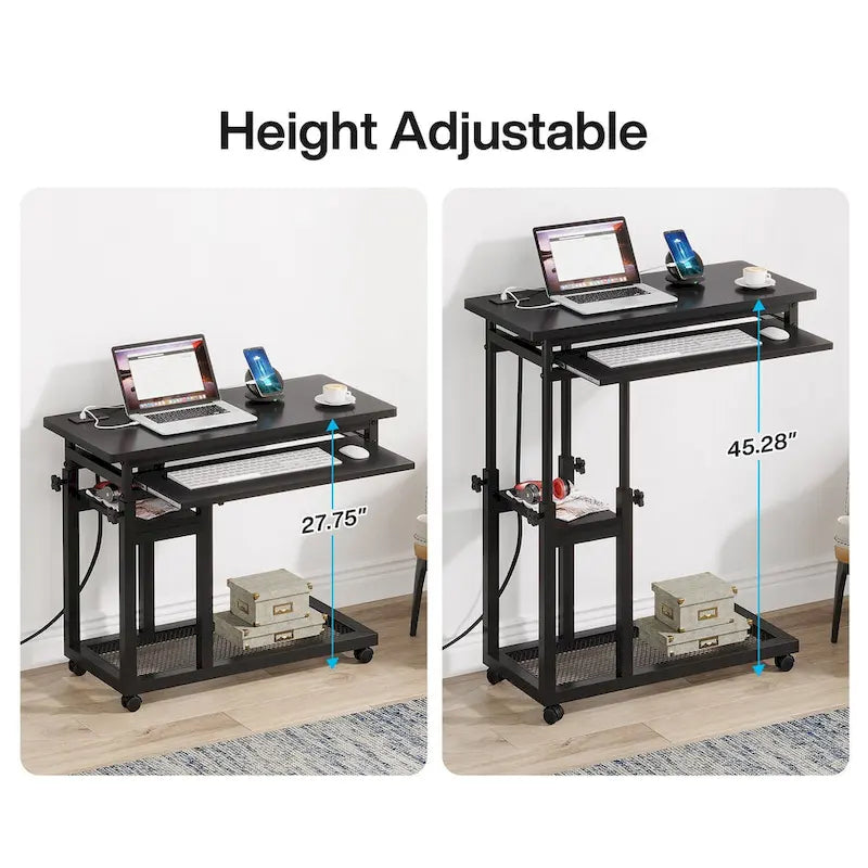 Table d'appoint roulante réglable en hauteur avec prises USB et étagères de rangement brun rustique