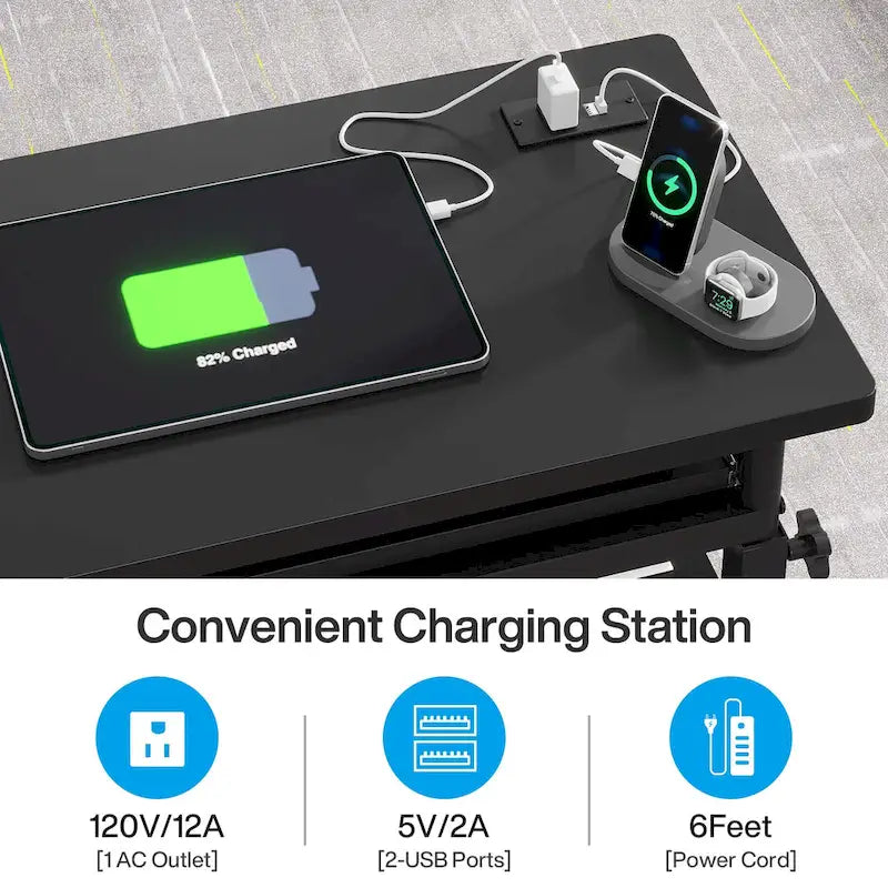Table d'appoint roulante réglable en hauteur avec prises USB et étagères de rangement brun rustique