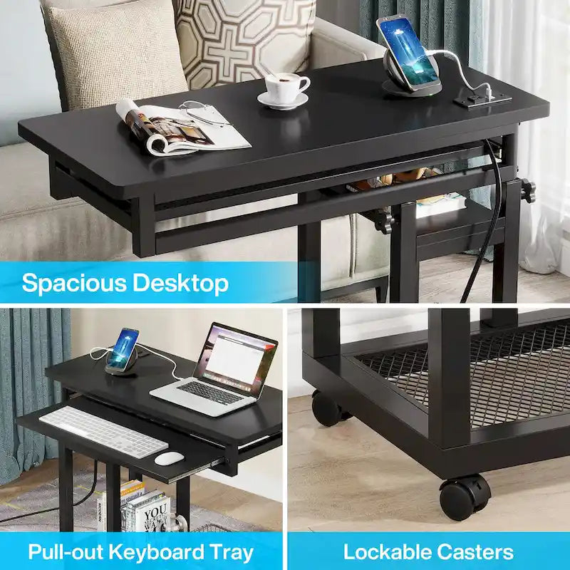 Table d'appoint roulante réglable en hauteur avec prises USB et étagères de rangement brun rustique