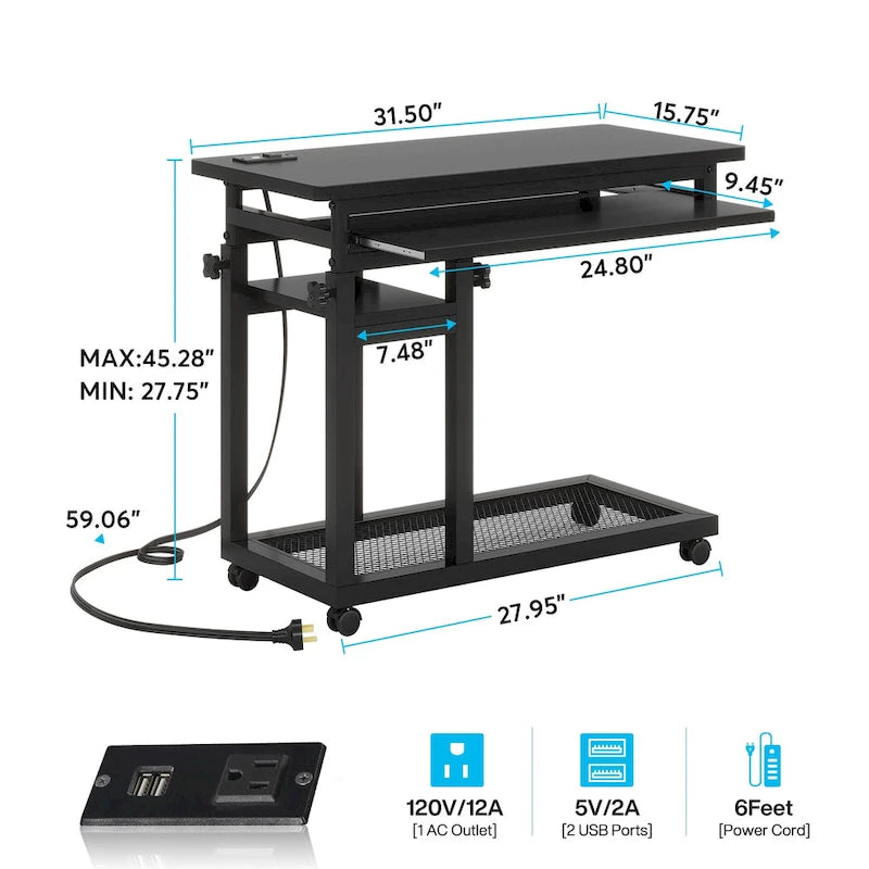 Table d'appoint roulante réglable en hauteur avec prises USB et étagères de rangement brun rustique