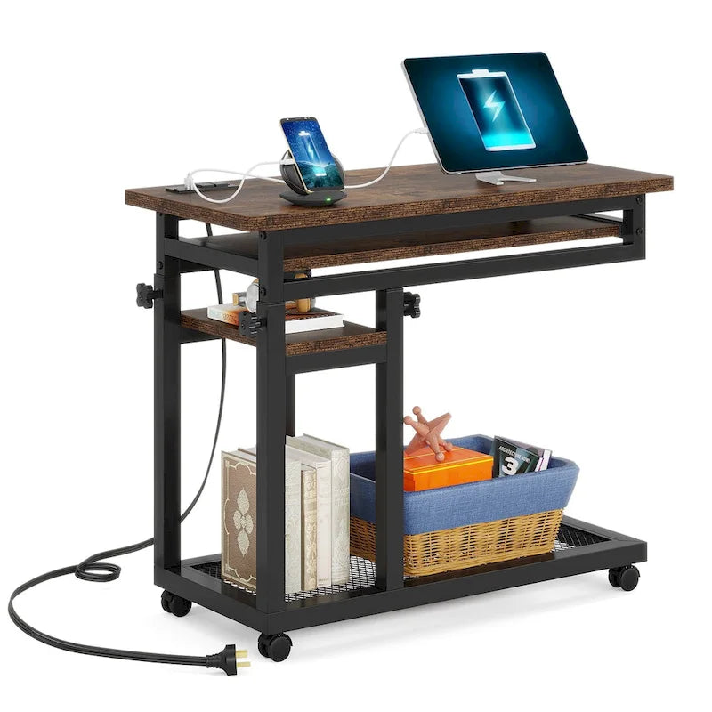Table d'appoint roulante réglable en hauteur avec prises USB et étagères de rangement brun rustique