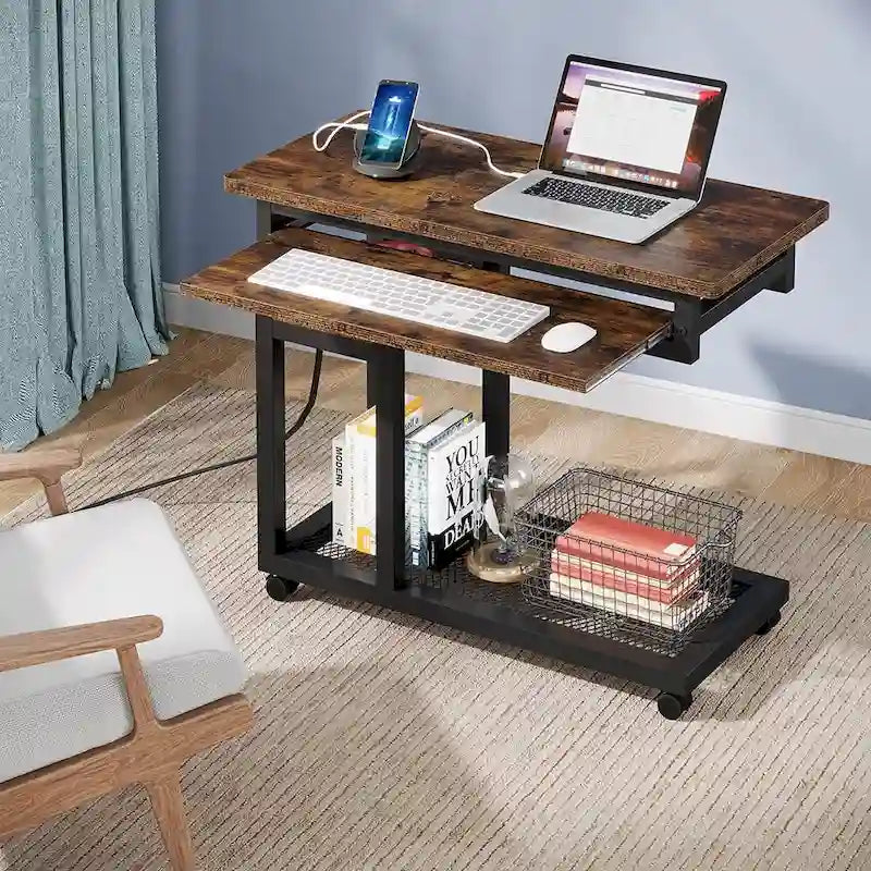 Table d'appoint roulante réglable en hauteur avec prises USB et étagères de rangement brun rustique