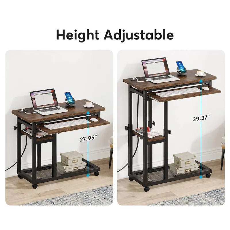 Table d'appoint roulante réglable en hauteur avec prises USB et étagères de rangement brun rustique
