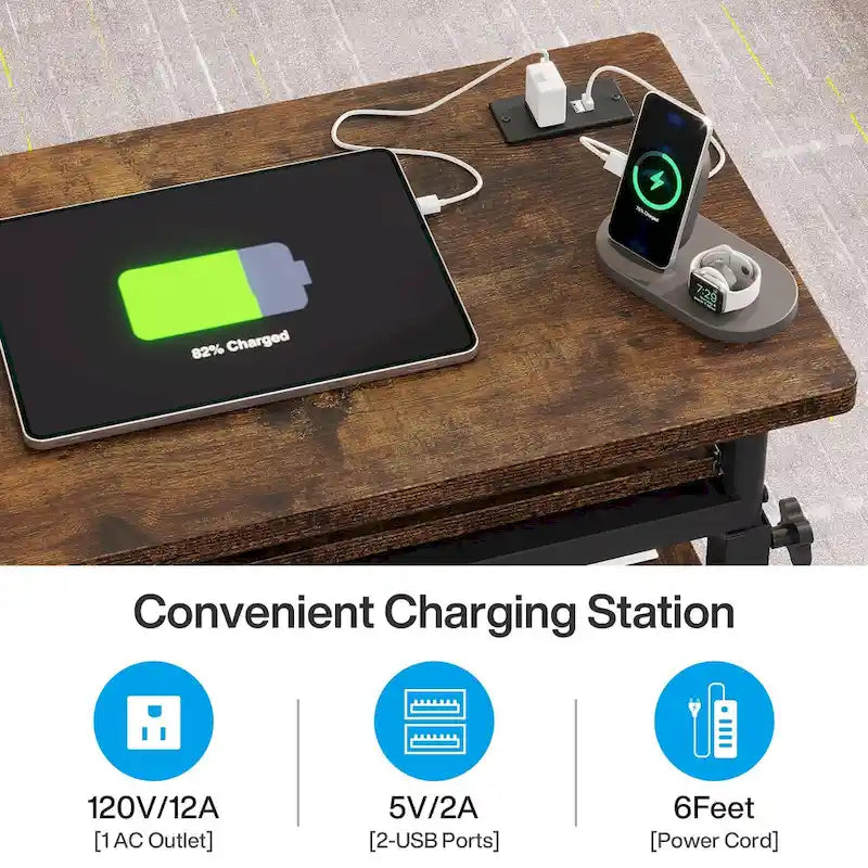 Table d'appoint roulante réglable en hauteur avec prises USB et étagères de rangement brun rustique