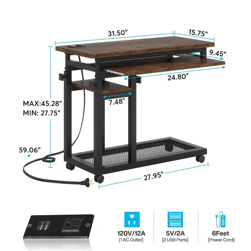 Table d'appoint roulante réglable en hauteur avec prises USB et étagères de rangement brun rustique