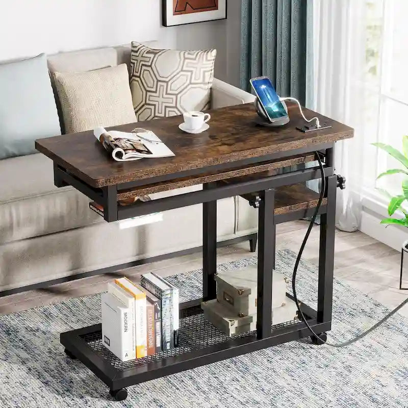 Table d'appoint roulante réglable en hauteur avec prises USB et étagères de rangement brun rustique