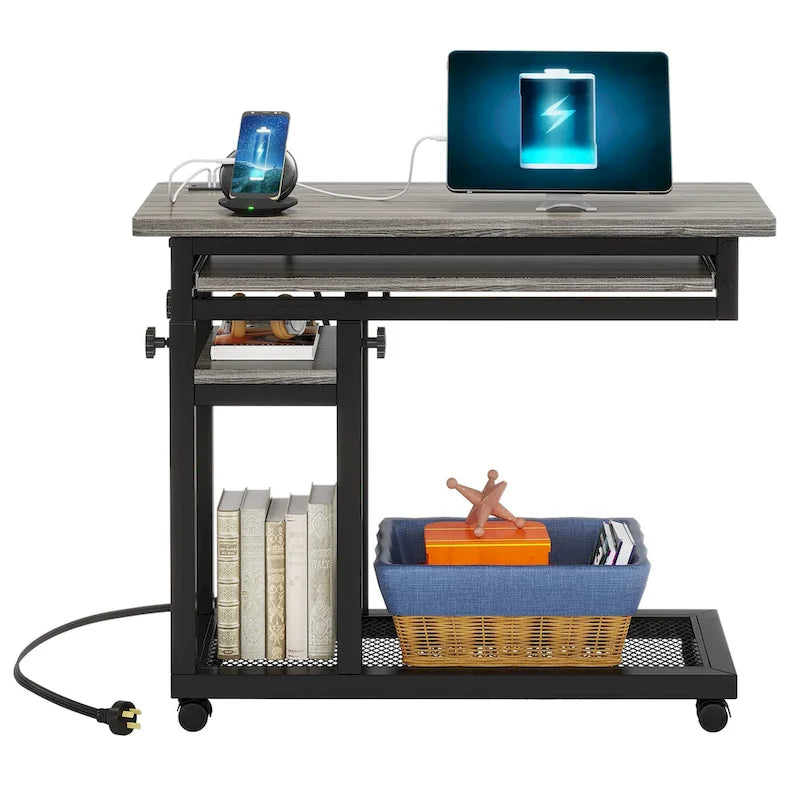 Table d'appoint roulante réglable en hauteur avec prises USB et étagères de rangement brun rustique