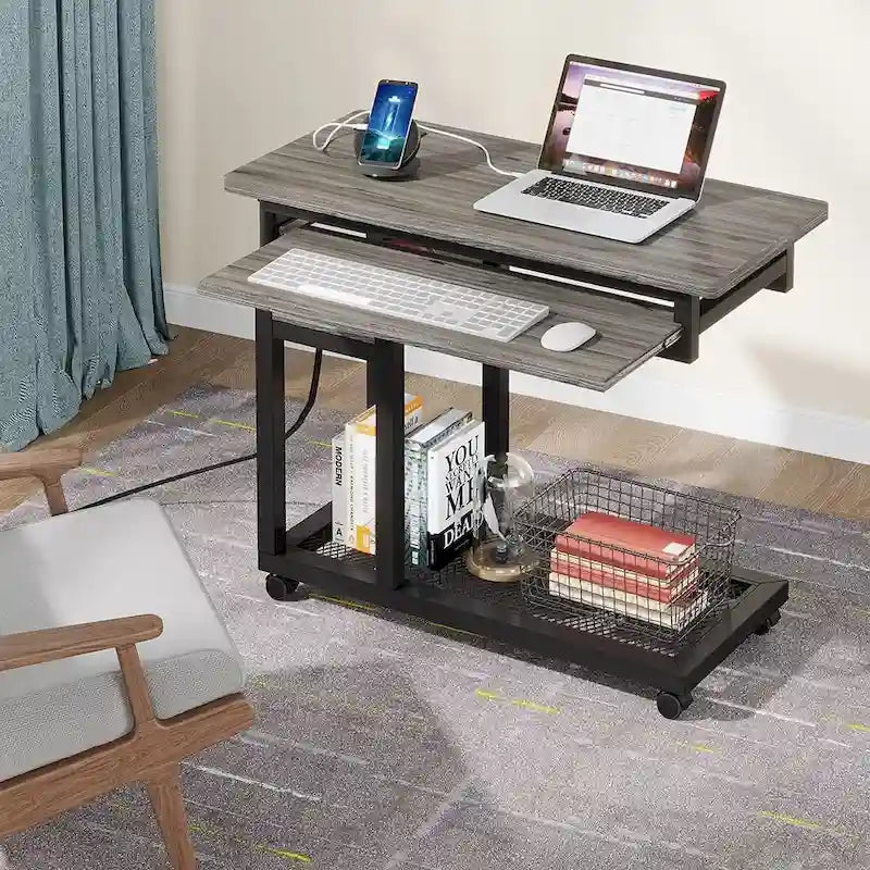 Table d'appoint roulante réglable en hauteur avec prises USB et étagères de rangement brun rustique