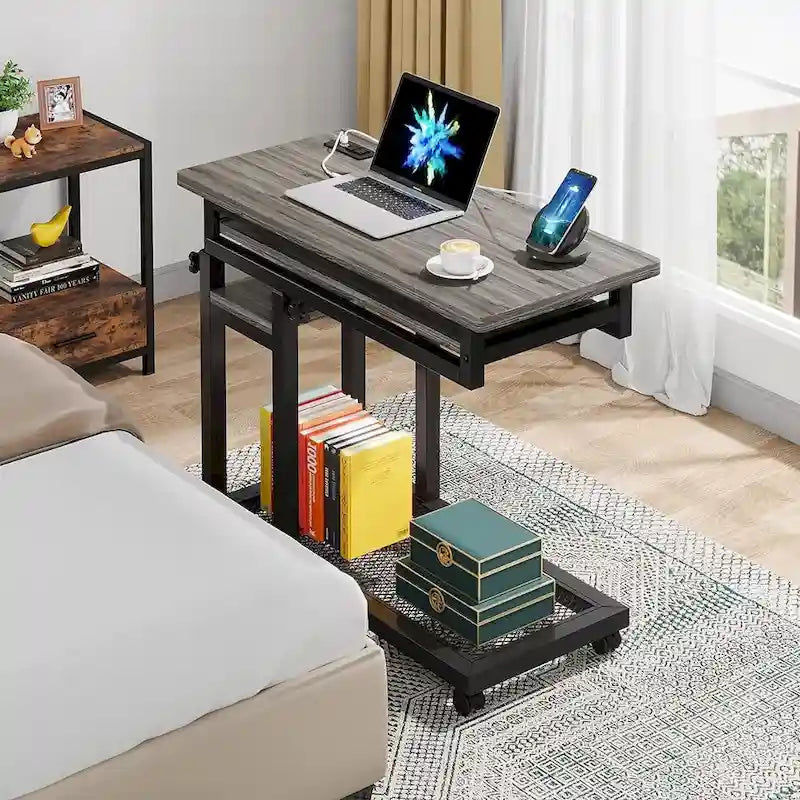 Table d'appoint roulante réglable en hauteur avec prises USB et étagères de rangement brun rustique