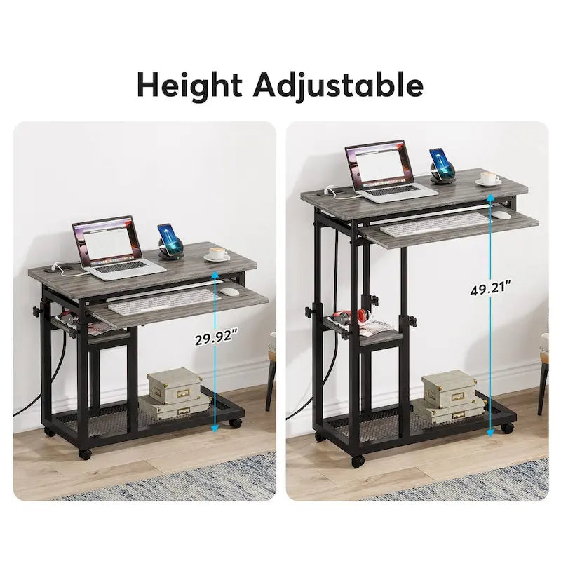 Table d'appoint roulante réglable en hauteur avec prises USB et étagères de rangement brun rustique