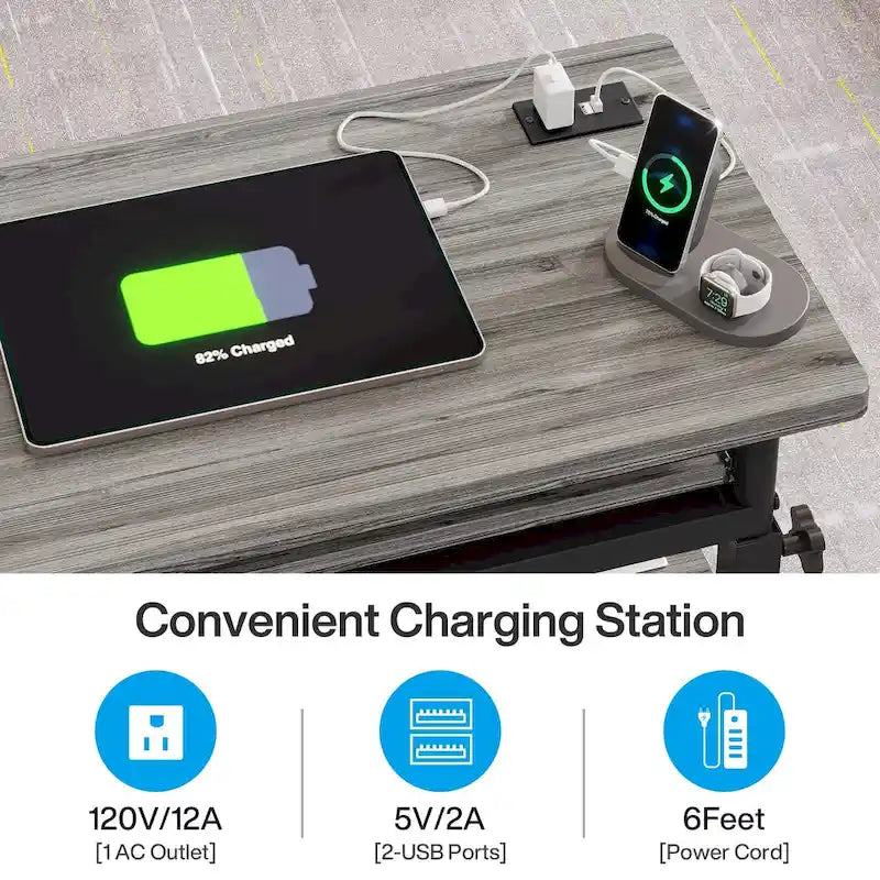 Table d'appoint roulante réglable en hauteur avec prises USB et étagères de rangement brun rustique