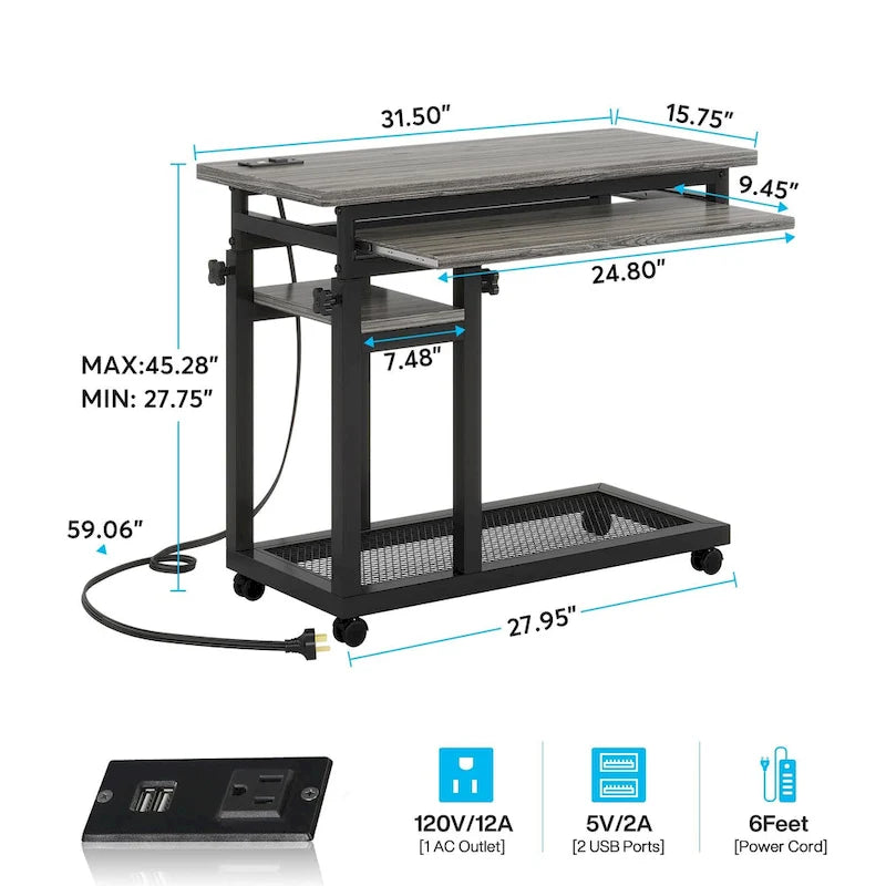 Table d'appoint roulante réglable en hauteur avec prises USB et étagères de rangement brun rustique