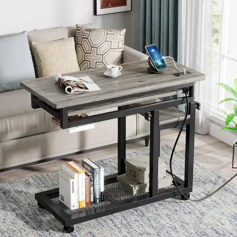 Table d'appoint roulante réglable en hauteur avec prises USB et étagères de rangement brun rustique