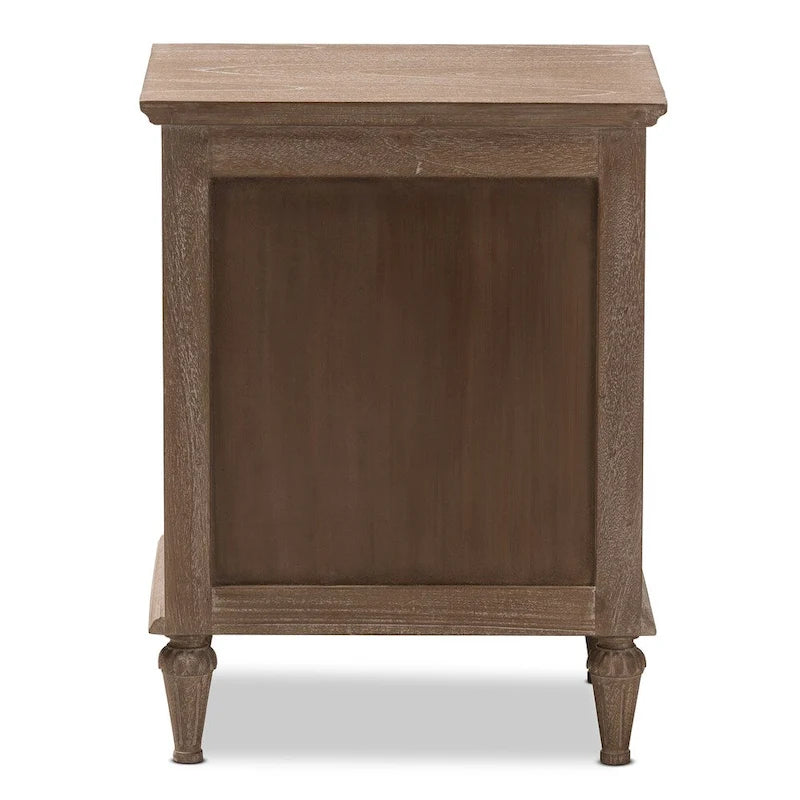 Table de chevet rustique à 3 tiroirs avec poignées en bronze et pieds fuselés