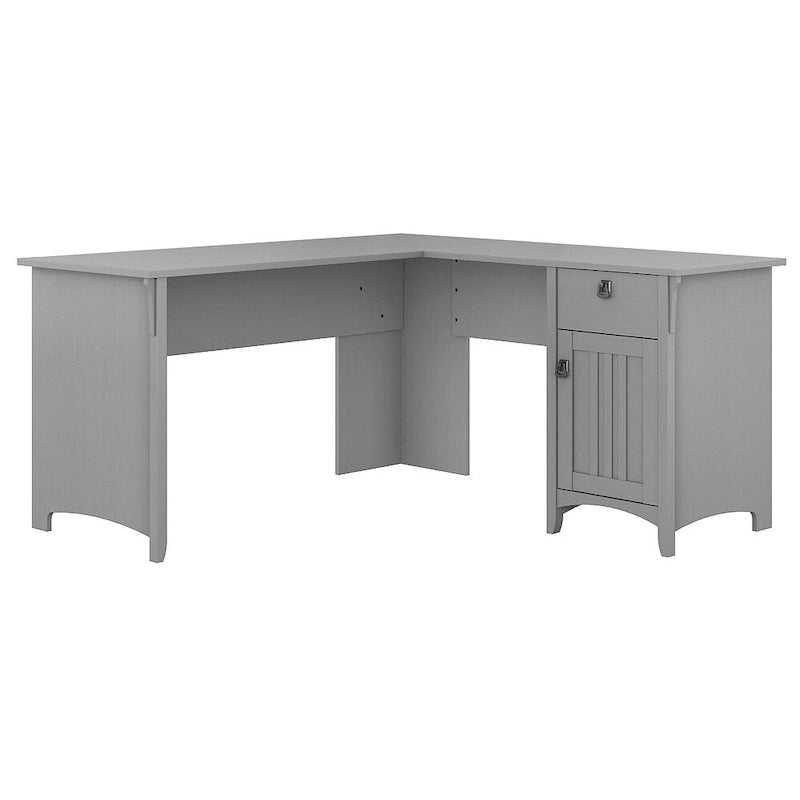 Bureau d'angle en L gris avec meuble de rangement et tiroir