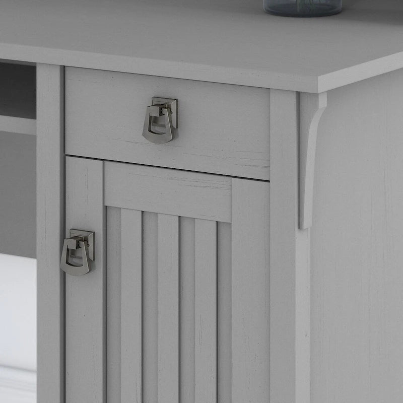 Bureau d'angle en L gris avec meuble de rangement et tiroir