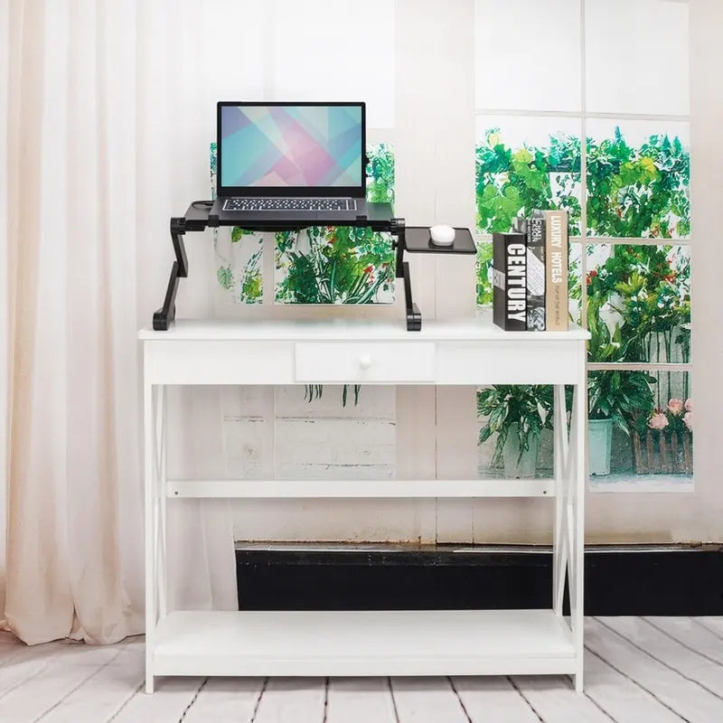 Bureau d'ordinateur portable pliable noir avec ventilateur et tapis de souris, hauteur réglable