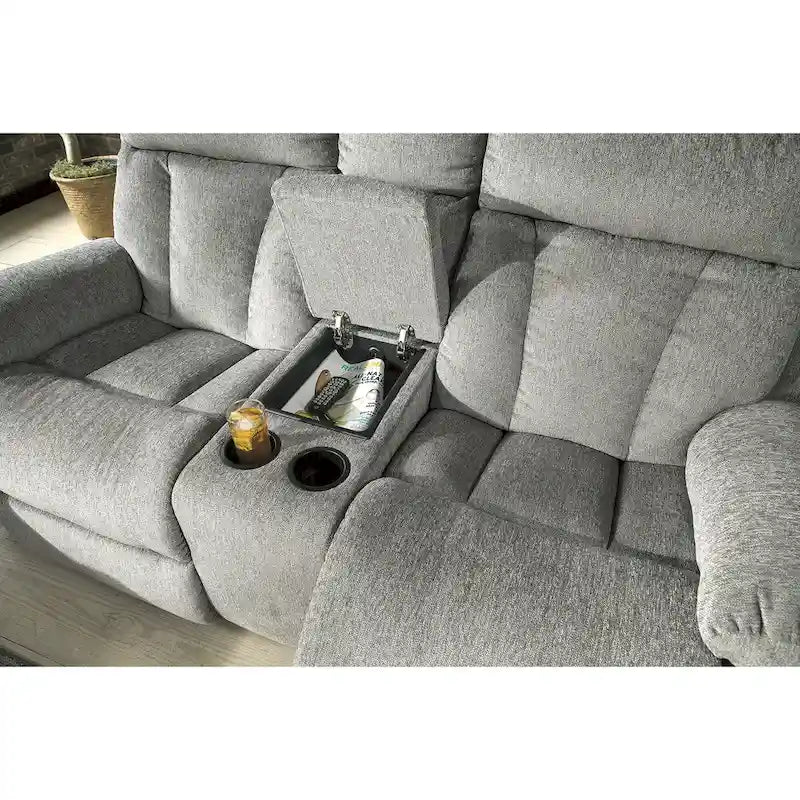 Causeuse inclinable double gris brouillard avec console de rangement et porte-gobelets