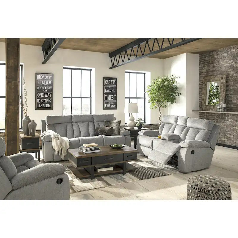Causeuse inclinable double gris brouillard avec console de rangement et porte-gobelets
