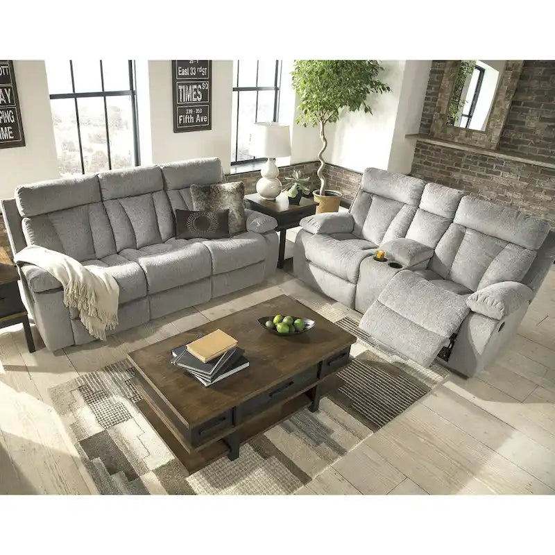 Causeuse inclinable double gris brouillard avec console de rangement et porte-gobelets