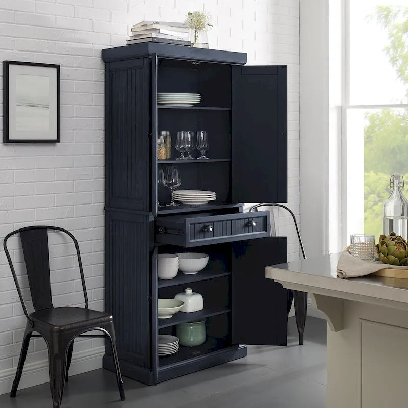 Armoire de garde-manger en pin perlé vieilli bleu marine avec tiroirs de rangement