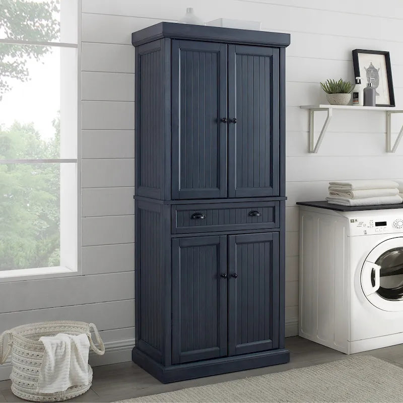 Armoire de garde-manger en pin perlé vieilli bleu marine avec tiroirs de rangement