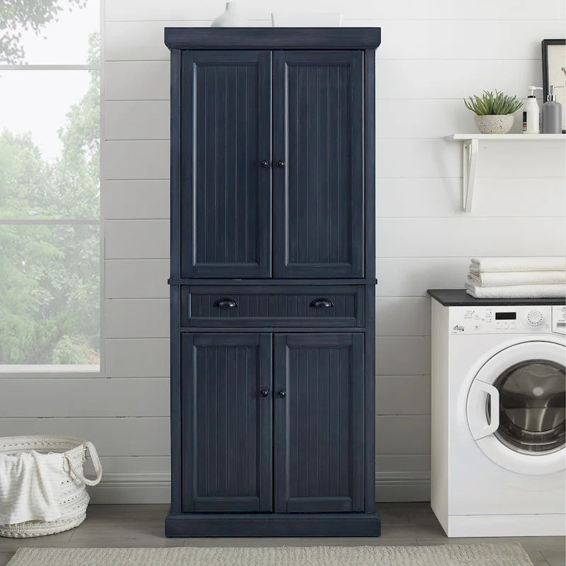Armoire de garde-manger en pin perlé vieilli bleu marine avec tiroirs de rangement