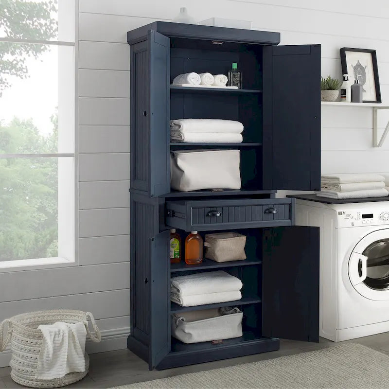 Armoire de garde-manger en pin perlé vieilli bleu marine avec tiroirs de rangement