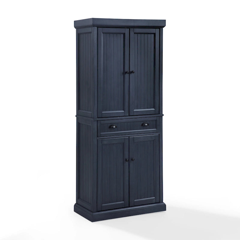 Armoire de garde-manger en pin perlé vieilli bleu marine avec tiroirs de rangement