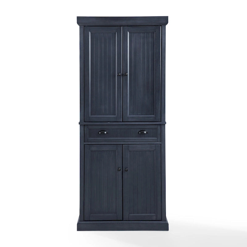 Armoire de garde-manger en pin perlé vieilli bleu marine avec tiroirs de rangement