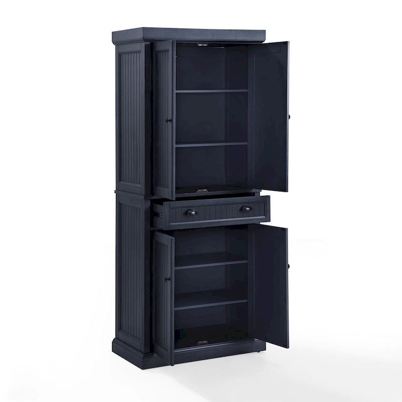 Armoire de garde-manger en pin perlé vieilli bleu marine avec tiroirs de rangement