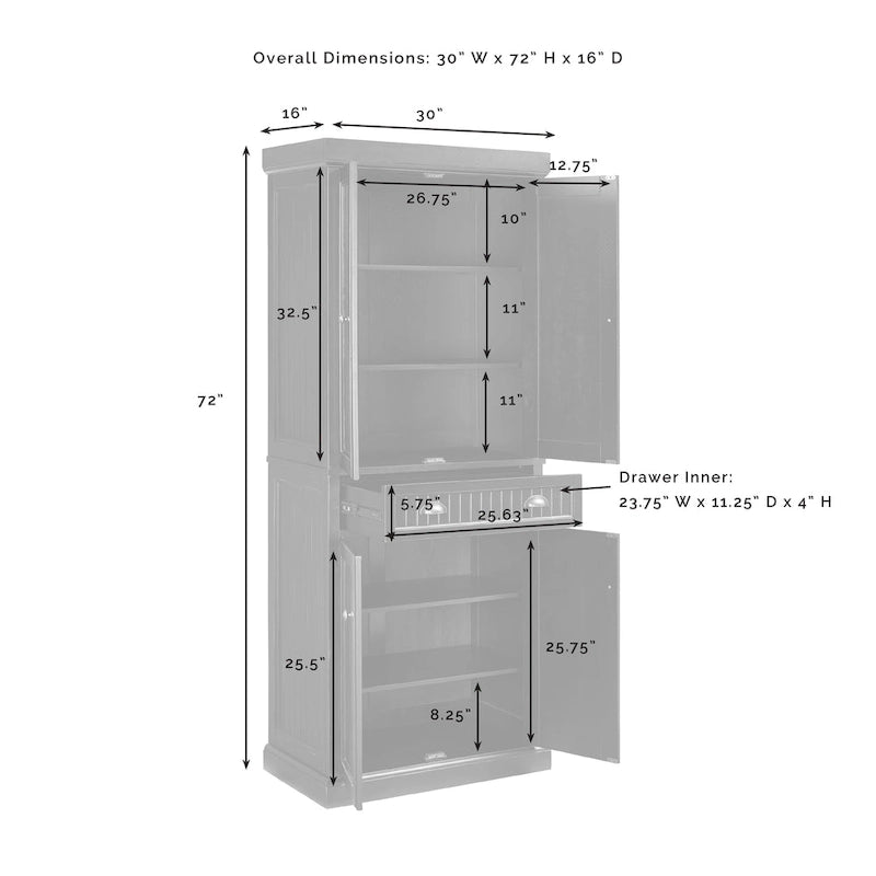 Armoire de garde-manger en pin perlé vieilli bleu marine avec tiroirs de rangement