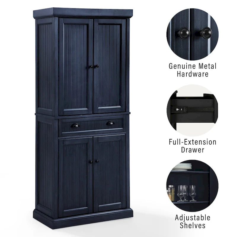 Armoire de garde-manger en pin perlé vieilli bleu marine avec tiroirs de rangement