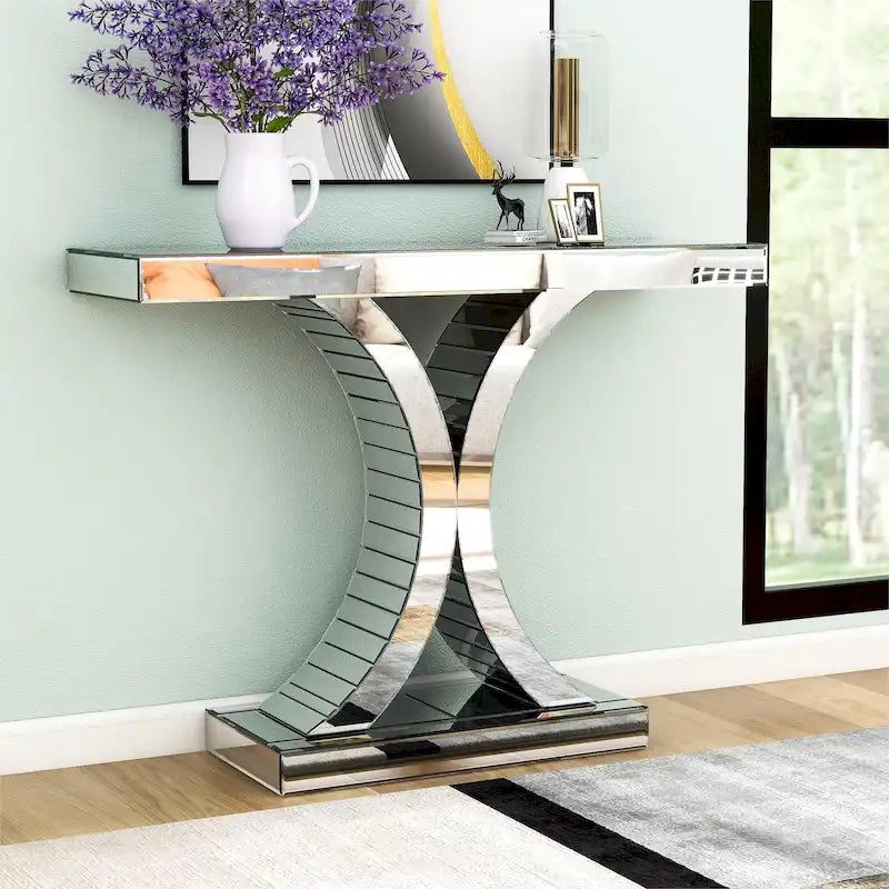 Console en verre miroir argenté avec pieds courbés en X