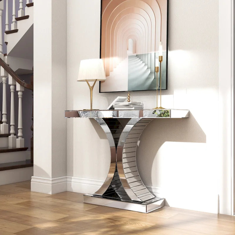 Console en verre miroir argenté avec pieds courbés en X