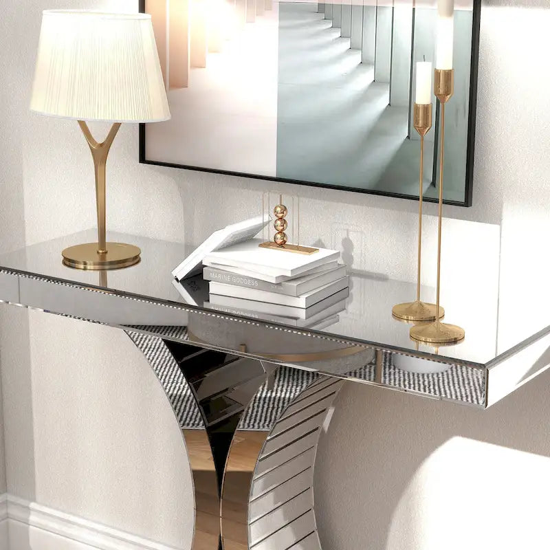 Console en verre miroir argenté avec pieds courbés en X