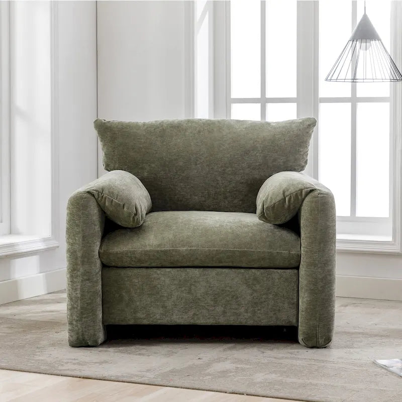 Fauteuil d'appoint surdimensionné en chenille avec dossier incurvé vert matcha crème lie-de-vin