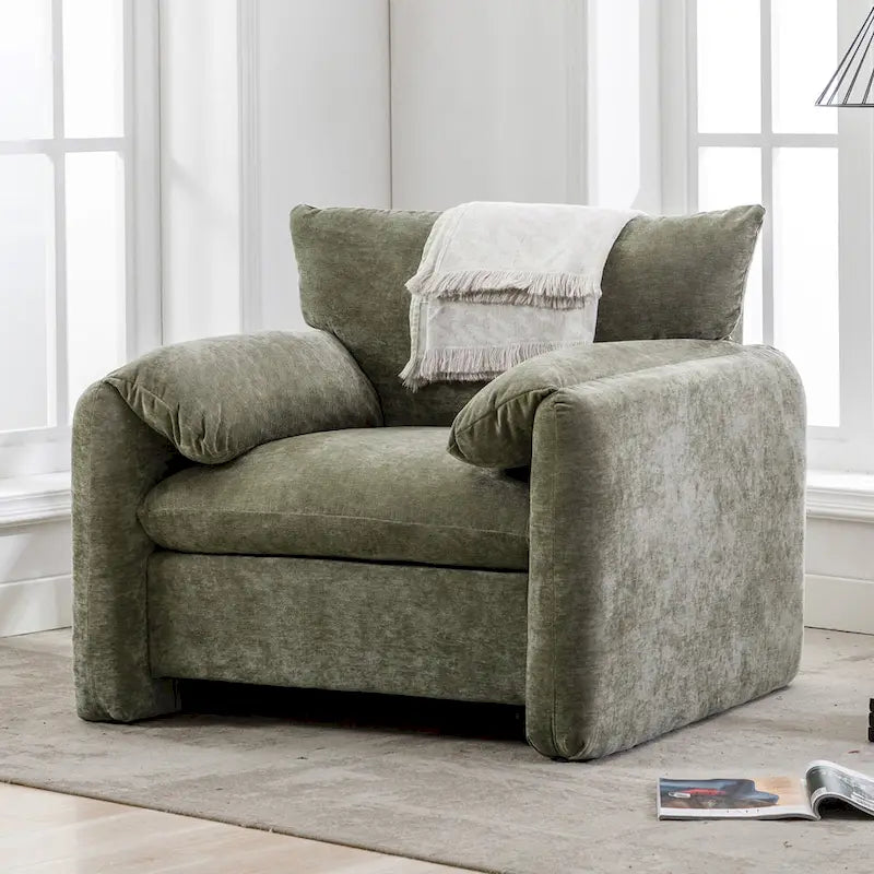 Fauteuil d'appoint surdimensionné en chenille avec dossier incurvé vert matcha crème lie-de-vin