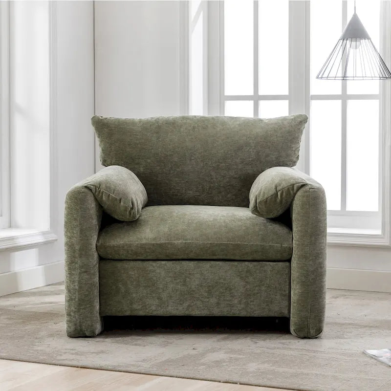 Fauteuil d'appoint surdimensionné en chenille avec dossier incurvé vert matcha crème lie-de-vin