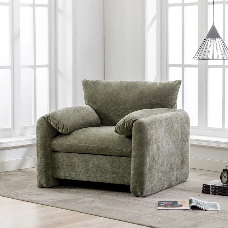 Fauteuil d'appoint surdimensionné en chenille avec dossier incurvé vert matcha crème lie-de-vin
