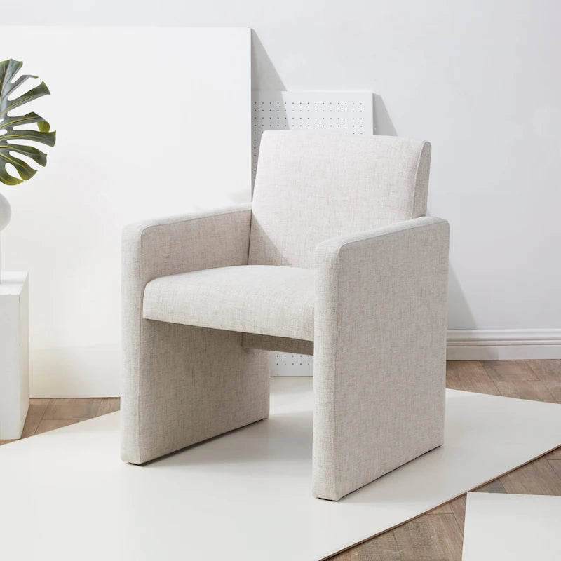 Fauteuil Moderne Rembourré en Lin, Assise Rembourrée Entièrement Recouverte, Beige Ivoire Gris