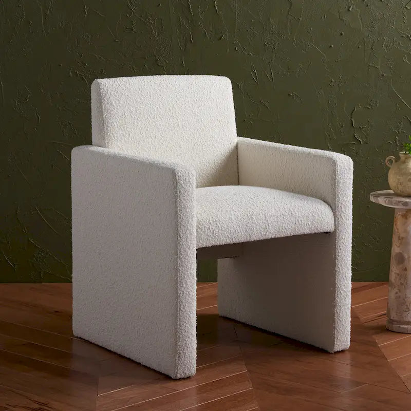 Fauteuil Moderne Rembourré en Lin, Assise Rembourrée Entièrement Recouverte, Beige Ivoire Gris