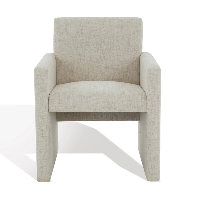 Fauteuil Moderne Rembourré en Lin, Assise Rembourrée Entièrement Recouverte, Beige Ivoire Gris