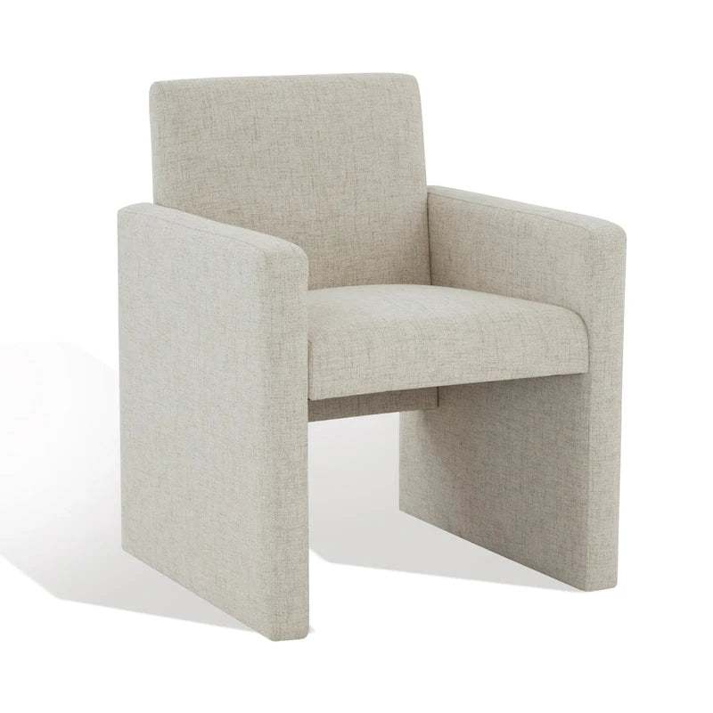 Fauteuil Moderne Rembourré en Lin, Assise Rembourrée Entièrement Recouverte, Beige Ivoire Gris
