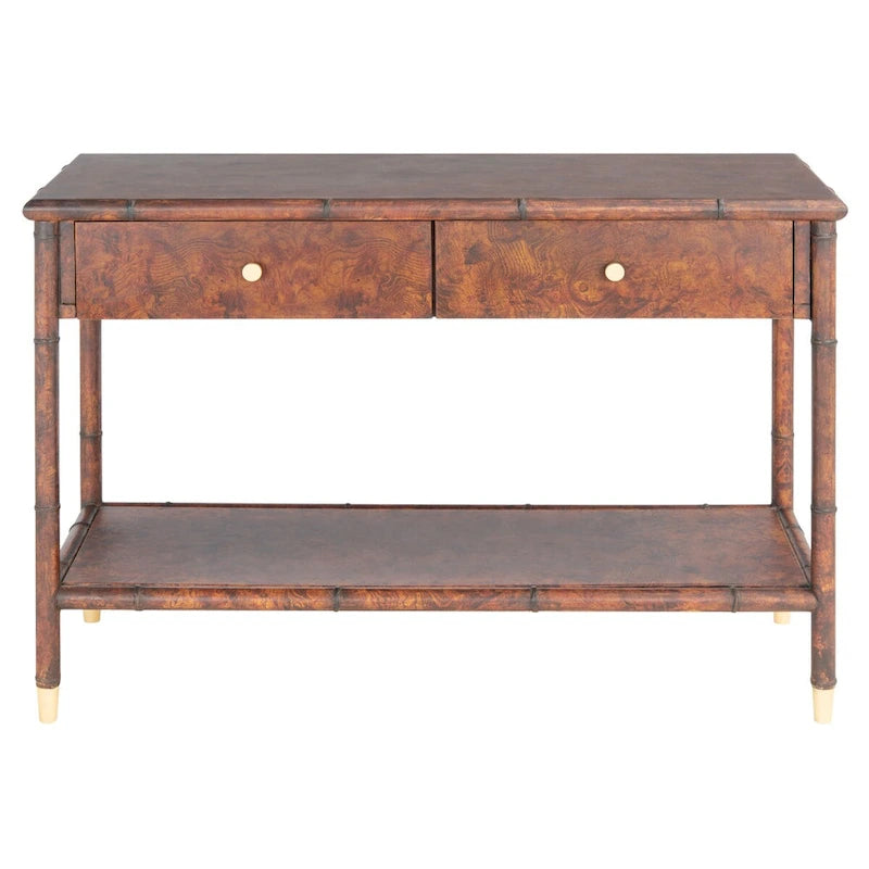 Console en bambou marron foncé et or avec tiroirs et étagère