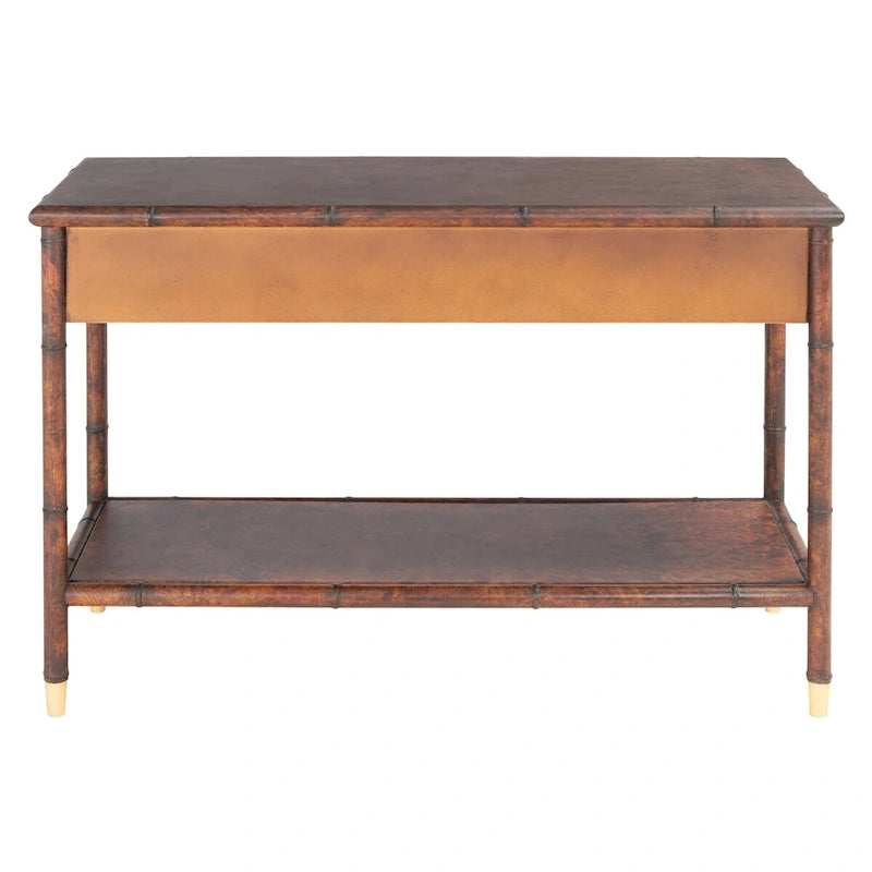 Console en bambou marron foncé et or avec tiroirs et étagère