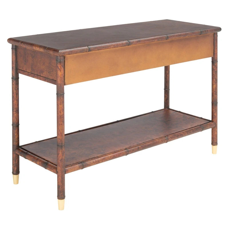Console en bambou marron foncé et or avec tiroirs et étagère