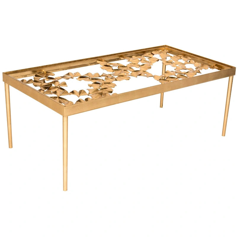 Table basse sculpturale en métal Feuille de ginkgo dorée antique