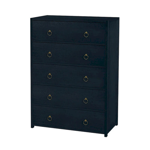 Commode 5 tiroirs en bois d'acacia massif avec poignées en anneau doré