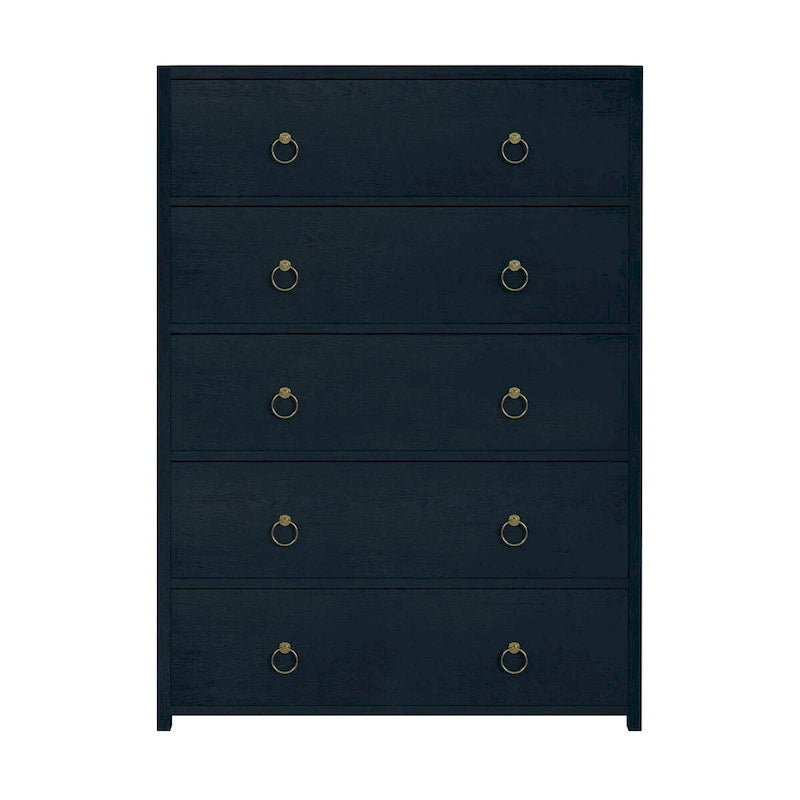 Commode 5 tiroirs en bois d'acacia massif avec poignées en anneau doré